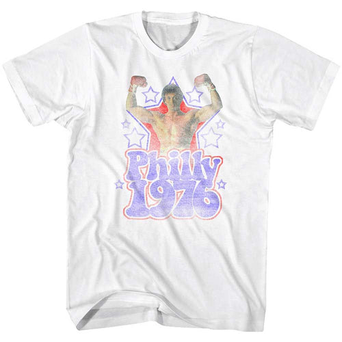 White Rocky t-shirt featuring a Rocky Philly 1976 design