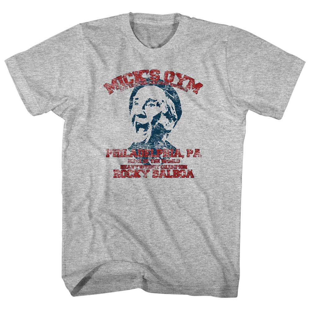 Gray Heather Rocky t-shirt featuring a Mick's Gym design