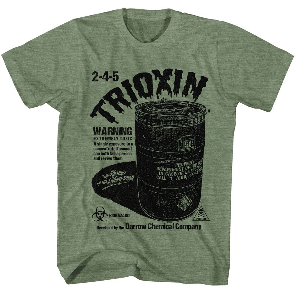 Military Green Heather Return of the Living Dead t-shirt featuring a Trioxin 2-4-5 design