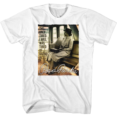 White Rosa Parks t-shirt featuring a The Only Tired design
