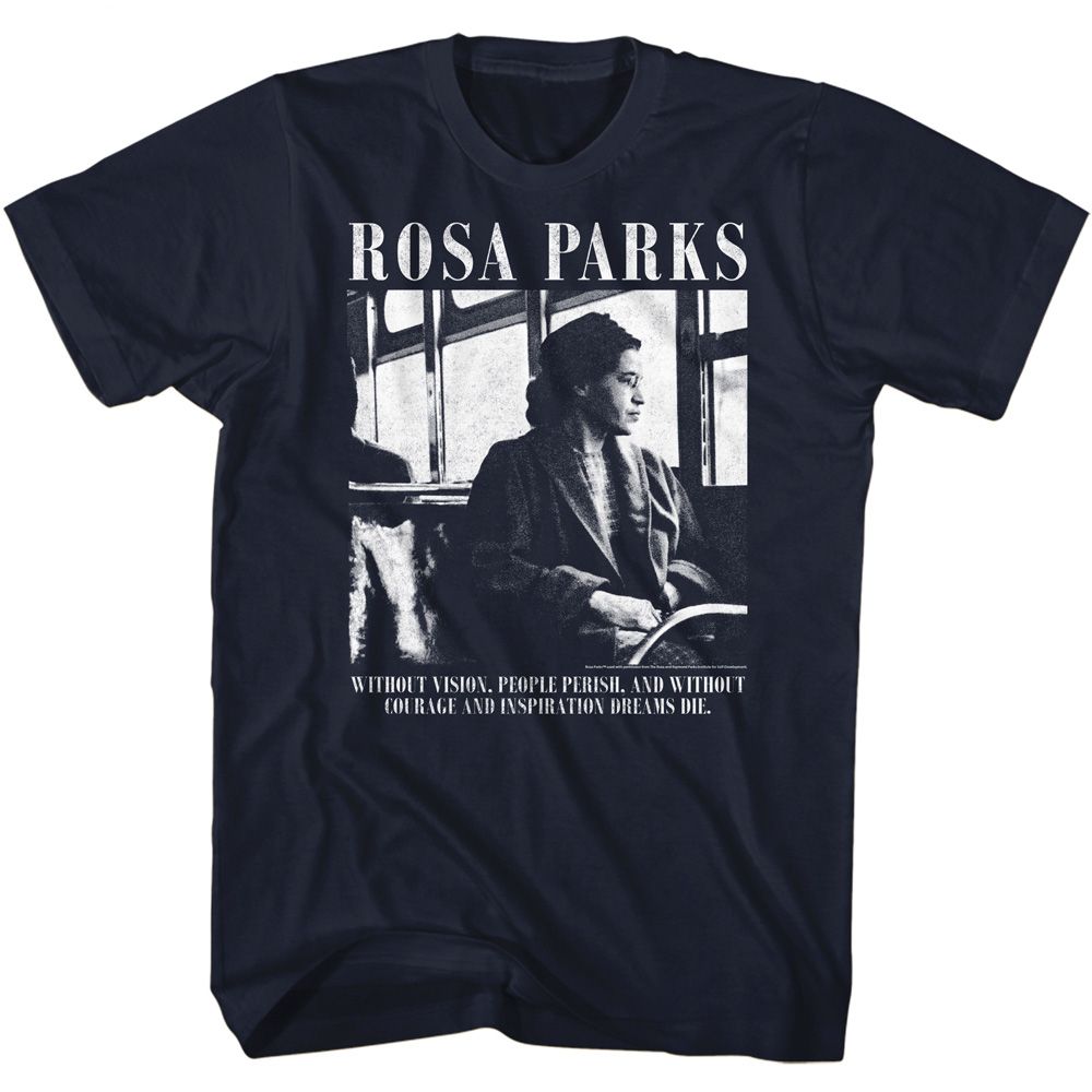 Navy Rosa Parks t-shirt featuring a Vision and Courage design