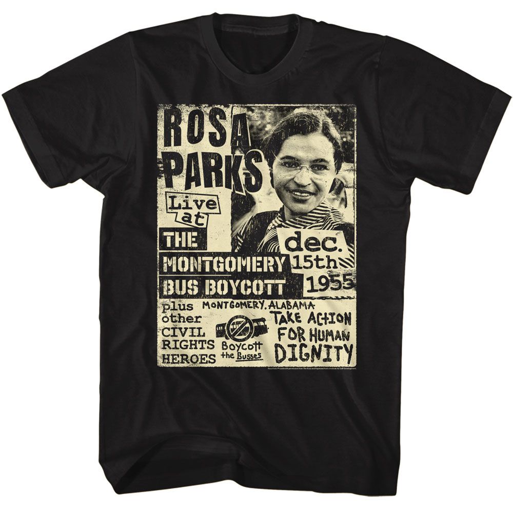 Black Rosa Parks t-shirt featuring a Bus Boycott flyer design