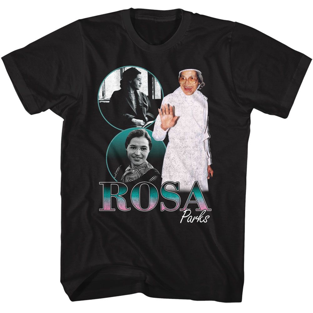 Black Rosa Parks t-shirt featuring a Rosa Parks collage design
