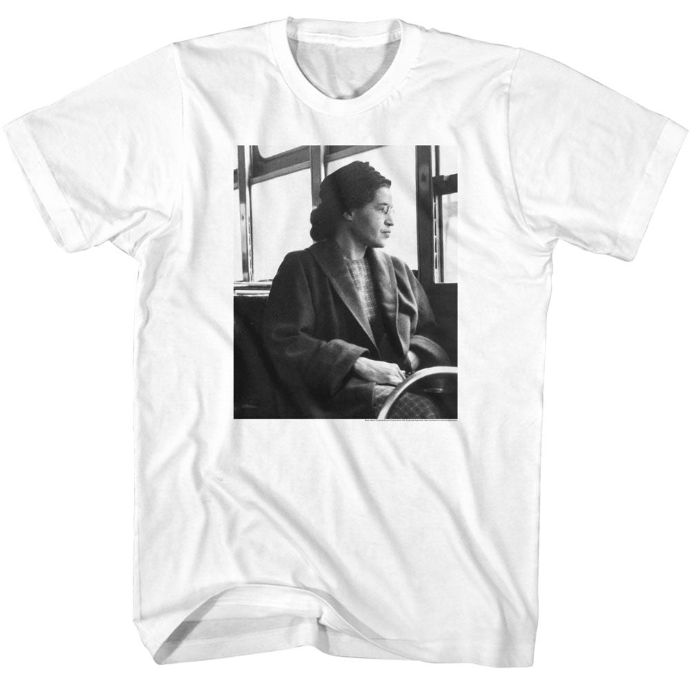 White Rosa Parks t-shirt featuring a Rosa Parks BW bus sit design