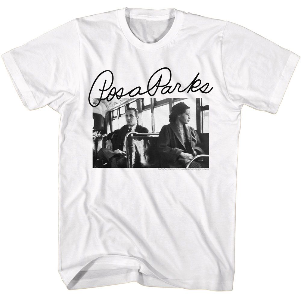 White Rosa Parks t-shirt featuring a photo and signature design
