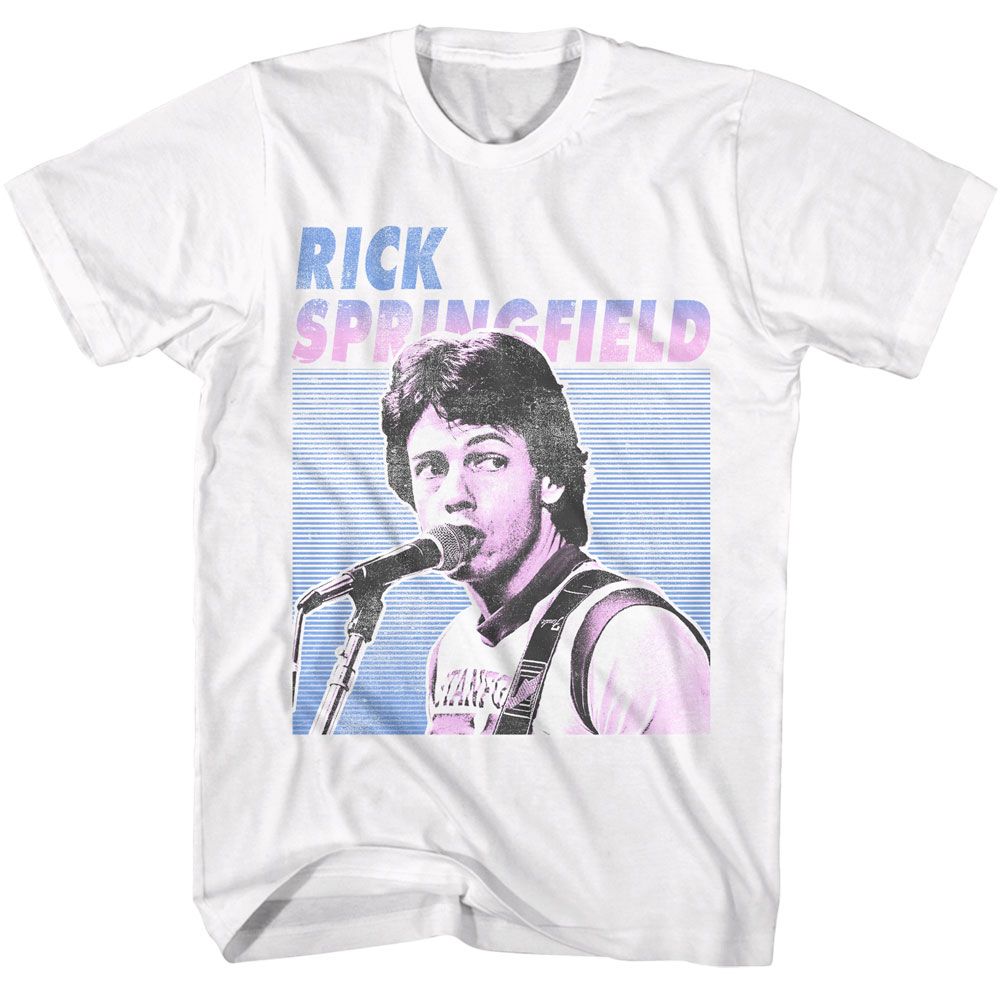 White Rick Springfield t-shirt featuring a Rick Springfield singing photo design