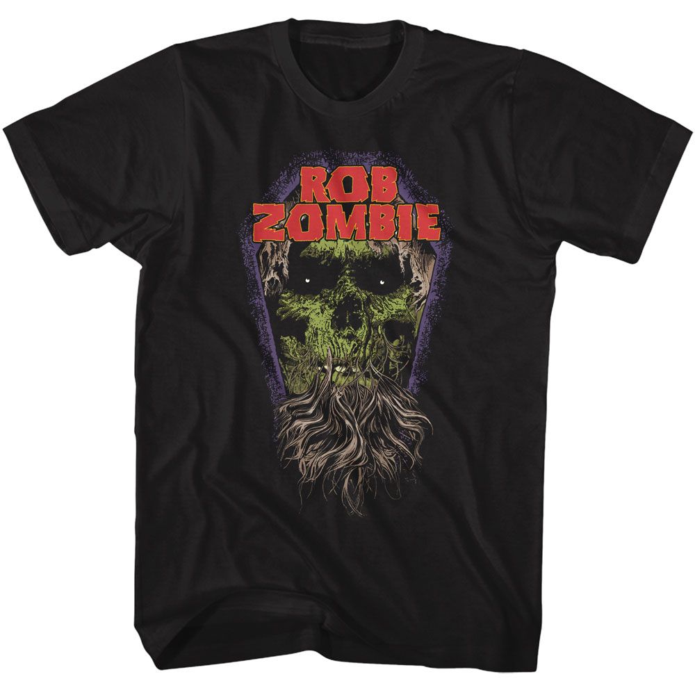 Black Rob Zombie t-shirt featuring a Rob Zombie Coffin Zombie design