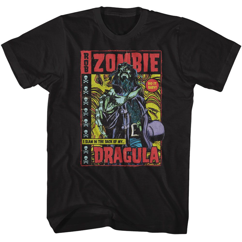 Black Rob Zombie t-shirt featuring a Dragula Comic design