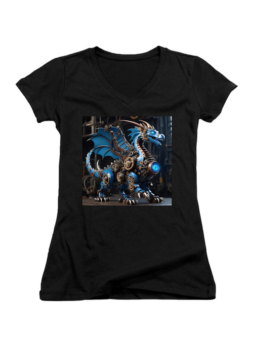 Black Robot Dragon Juniors V-Neck T-Shirt