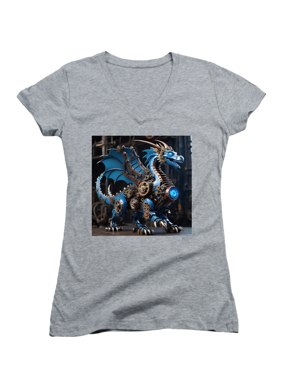 Gray Robot Dragon Juniors V-Neck T-Shirt