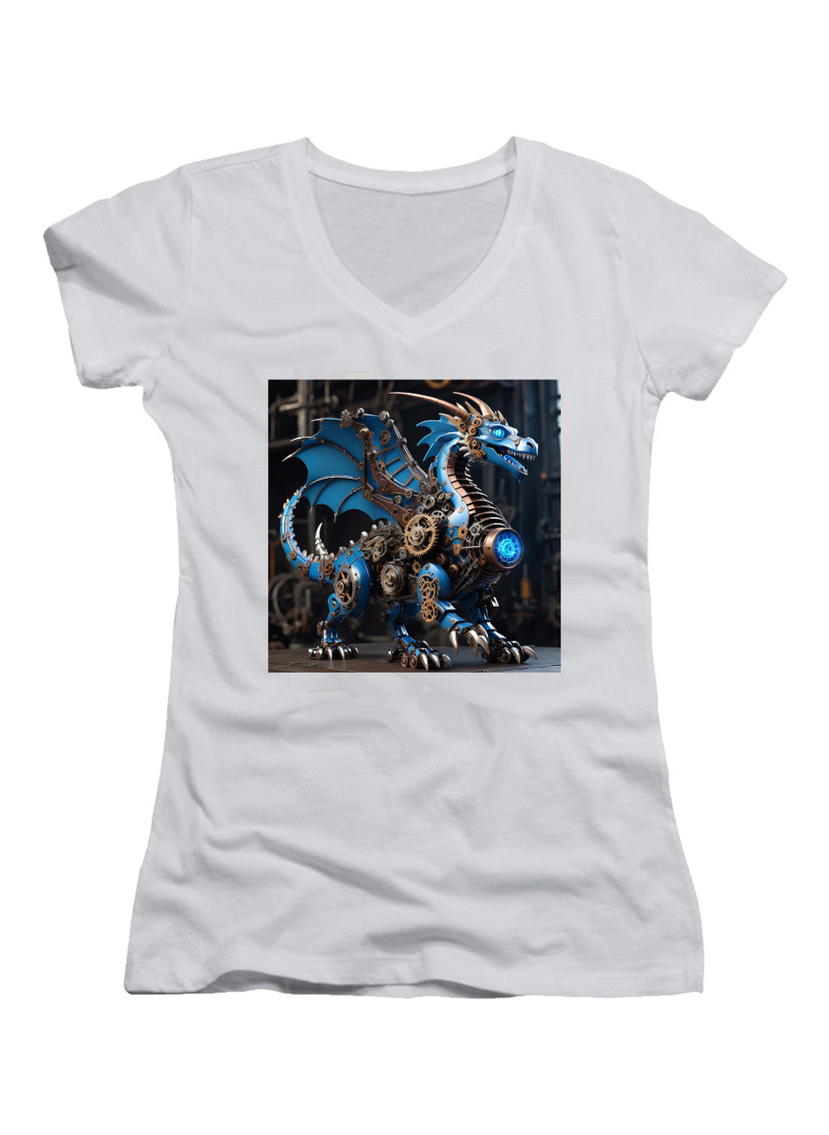 White Robot Dragon Juniors V-Neck T-Shirt