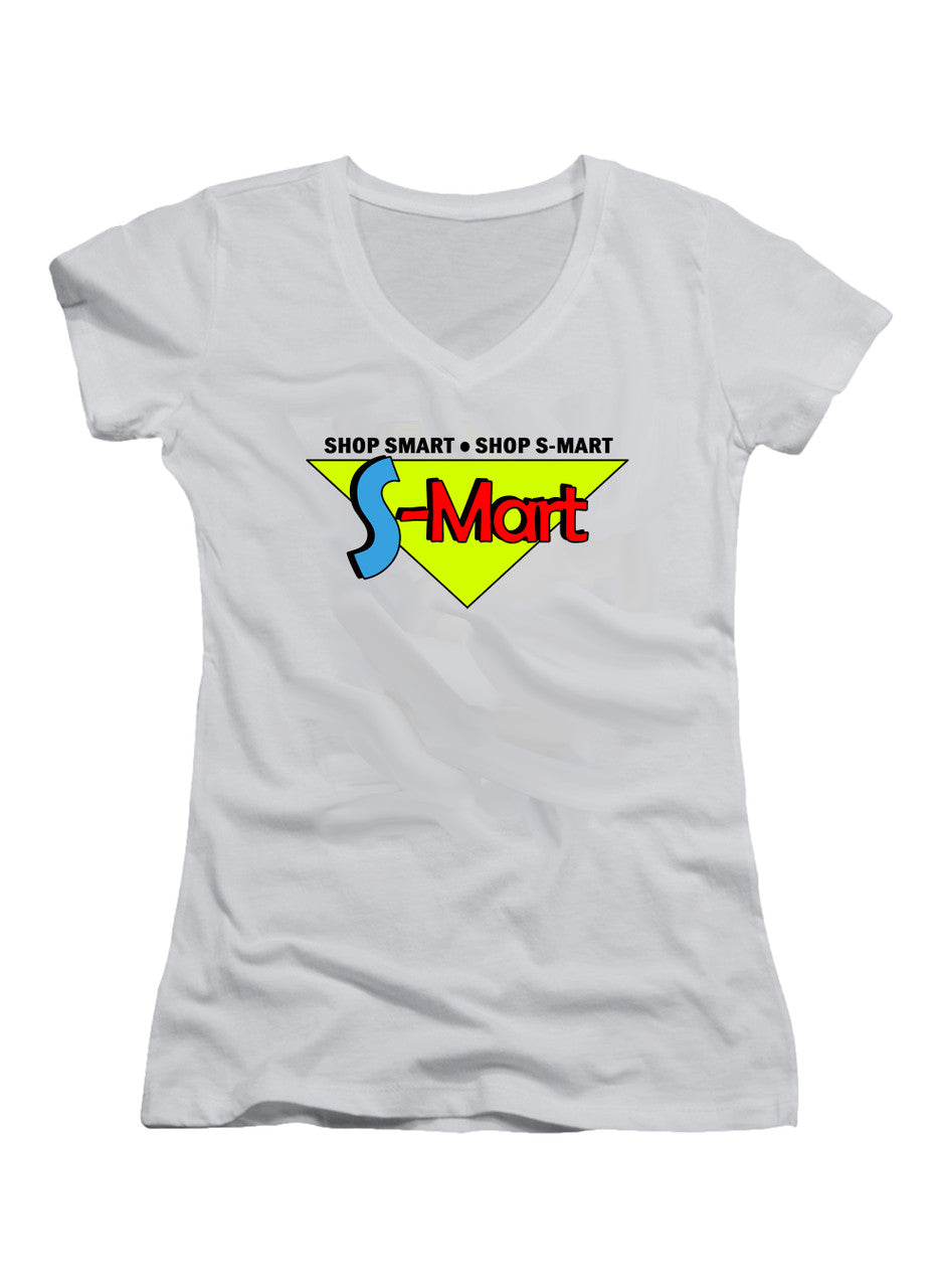 White S-Mart Logo Juniors V-Neck T-Shirt