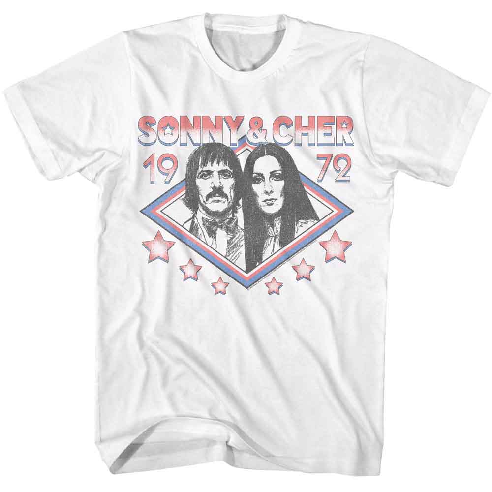 White Sonny and Cher t-shirt featuring a 1972 Stars design