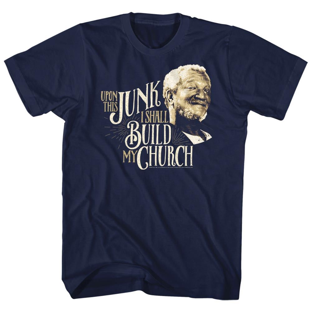 Navy Redd Foxx t-shirt featuring a Junk Church design