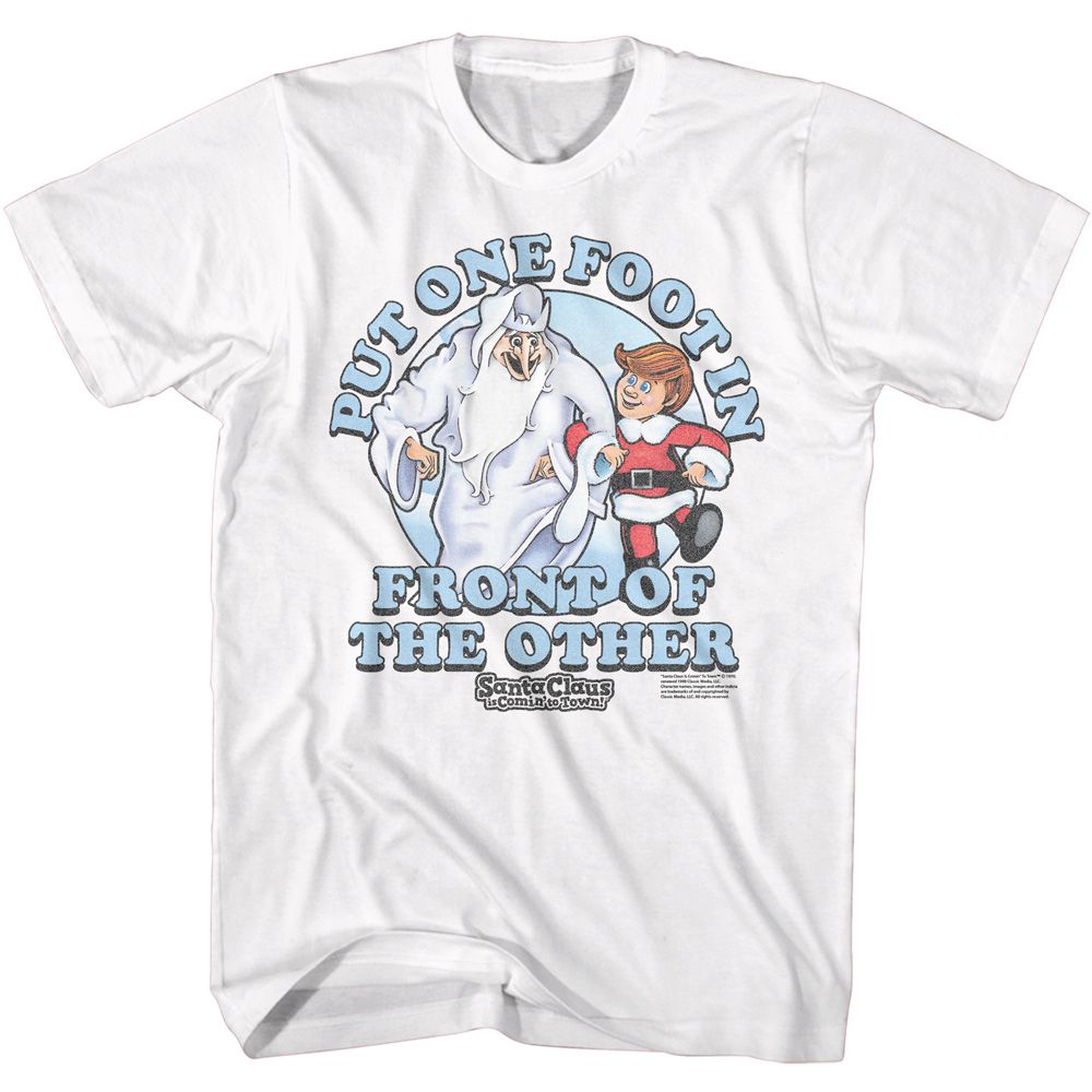 White Santa Claus Is Comin' to Town t-shirt featuring a One Foot in Front design