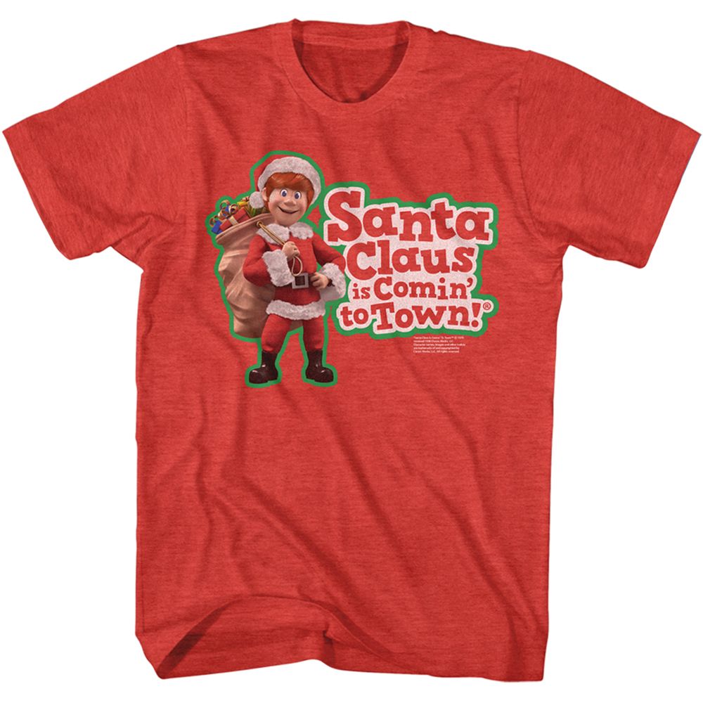 Red Heather Santa Claus Is Comin' to Town t-shirt featuring a Kris and Logo design
