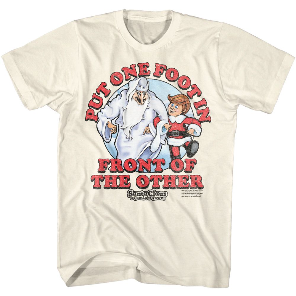 Natural Santa Claus Is Comin' to Town t-shirt featuring a One Foot in Front design