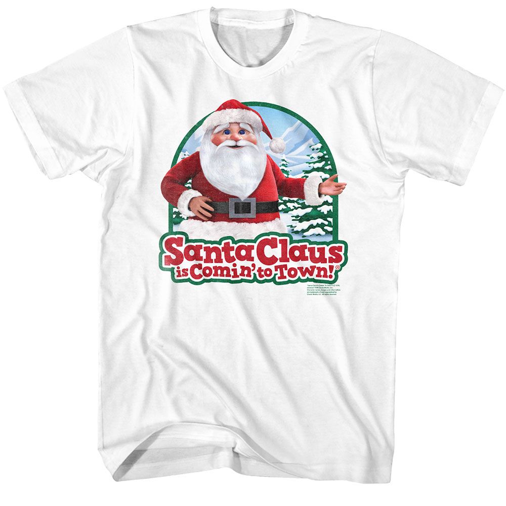 White Santa Claus Is Comin' to Town t-shirt featuring a Kris Kringle design