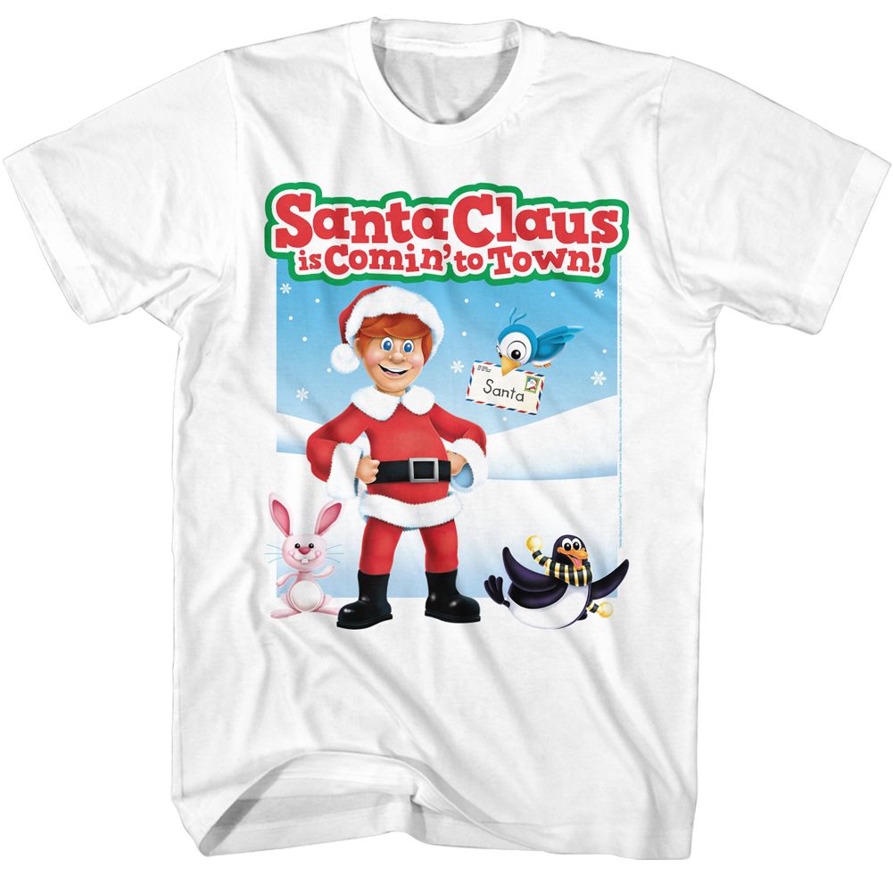 White Santa Claus Is Comin' to Town t-shirt featuring a Santa Claus Is Comin' to Town characters design