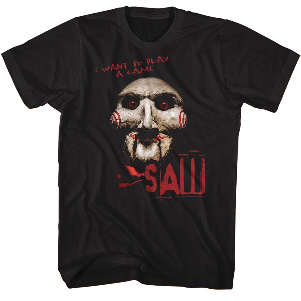 Black Saw t-shirt featuring an I Want to Play design
