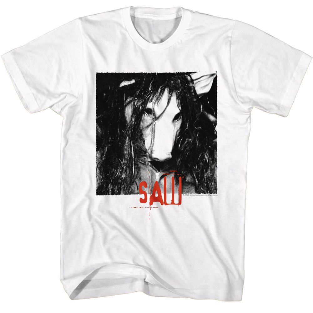 White Saw t-shirt featuring a Pig Mask design