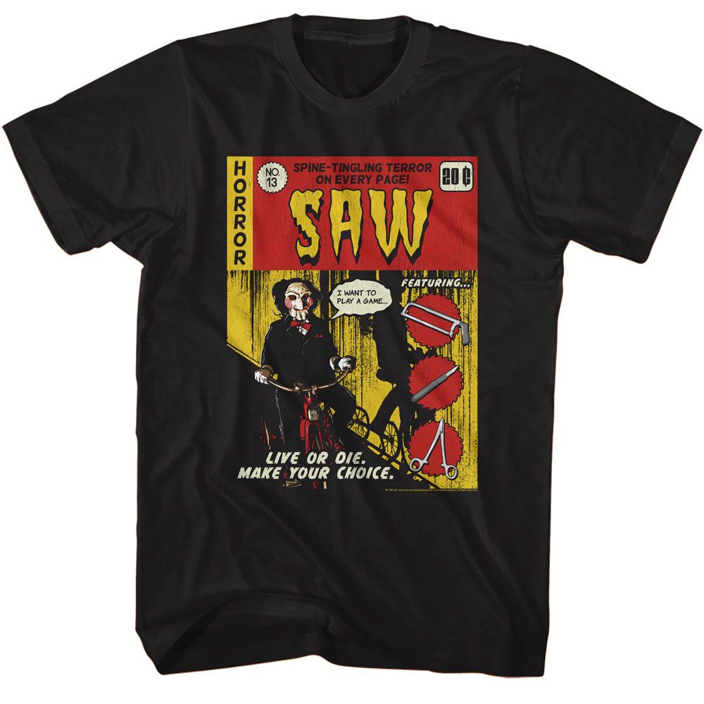 Black Saw t-shirt featuring a Jigsaw Comic Book design