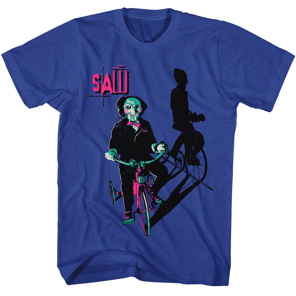 Royal Blue Saw t-shirt featuring a Billy on Tricycle design