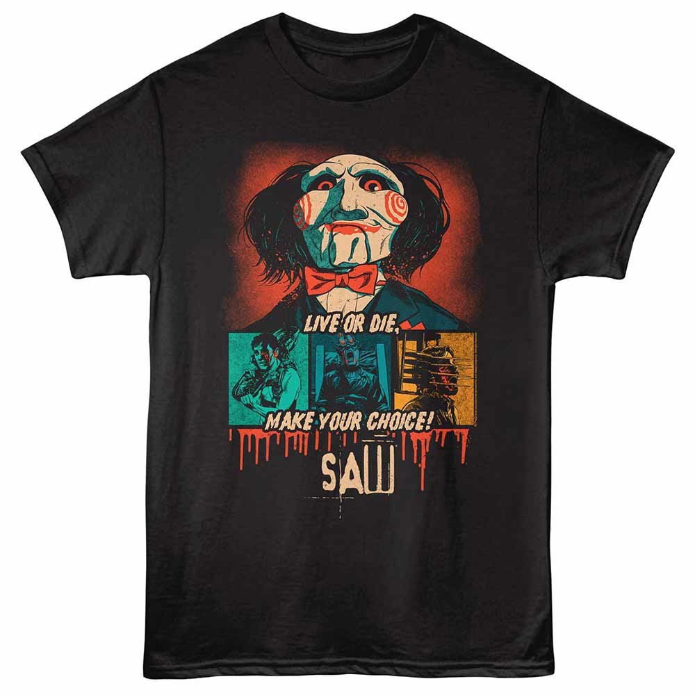 Black Saw t-shirt featuring a Retro Comp design