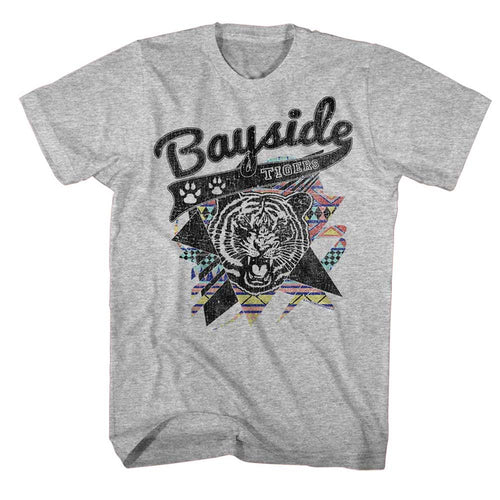 Gray Heather Saved by the Bell t-shirt featuring an Aztec Tigers design