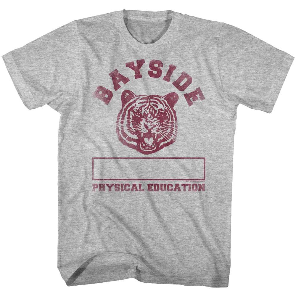 Gray Heather Saved by the Bell t-shirt featuring a Bayside P.E. design