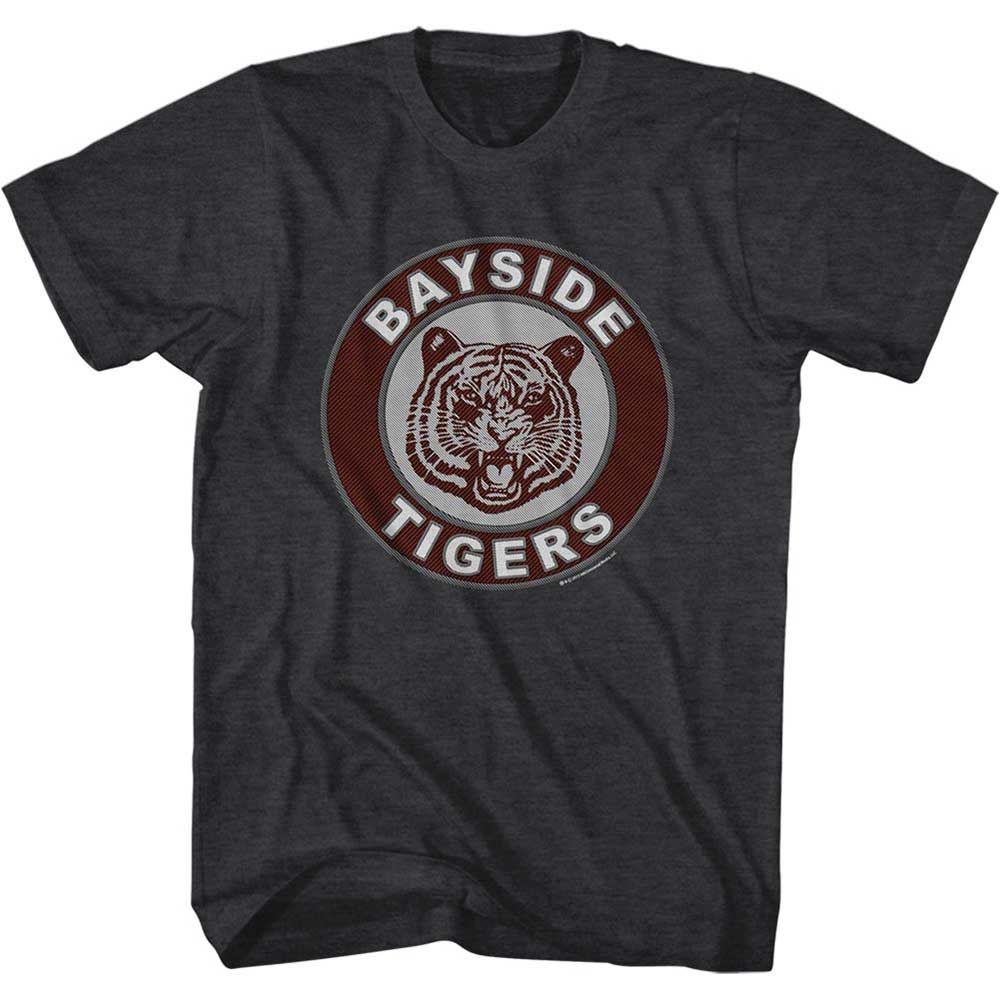 Black Heather Saved by the Bell t-shirt featuring a Bayside High patch design