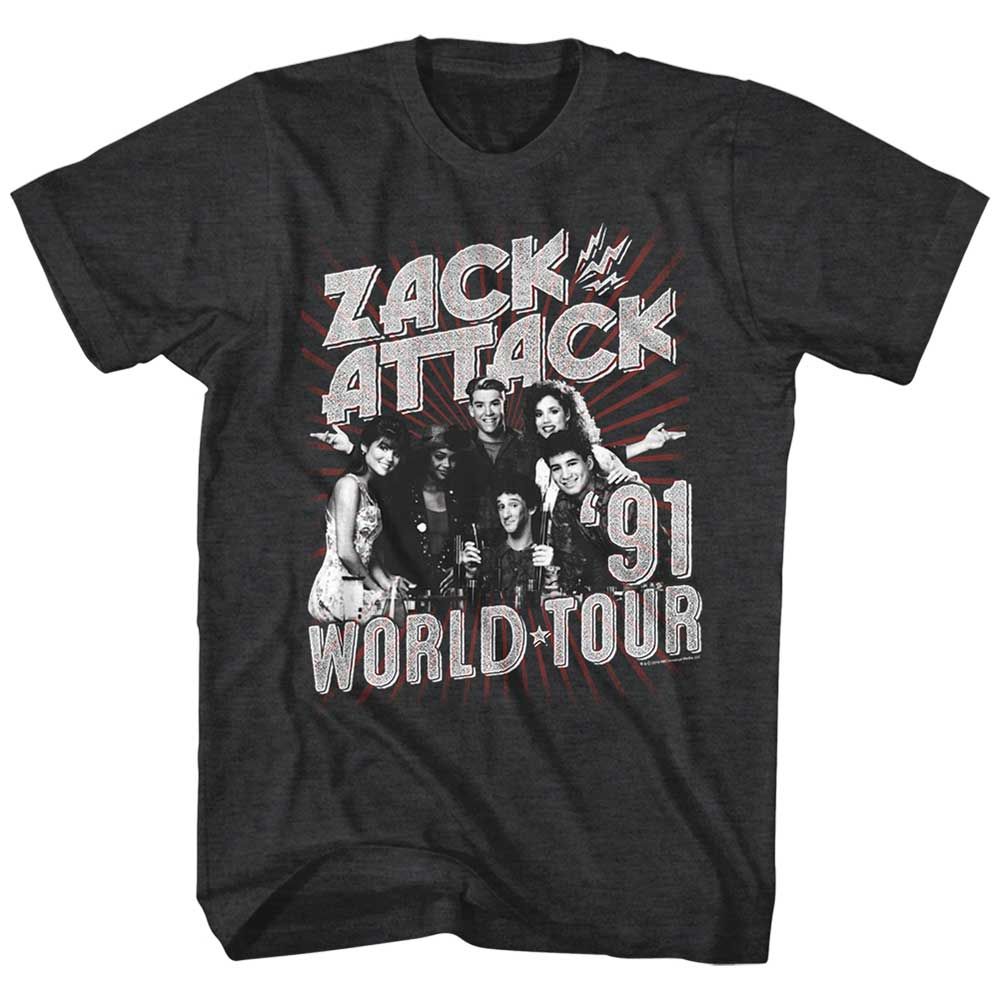Black Heather Saved by the Bell t-shirt featuring a Zack Attack World Tour design