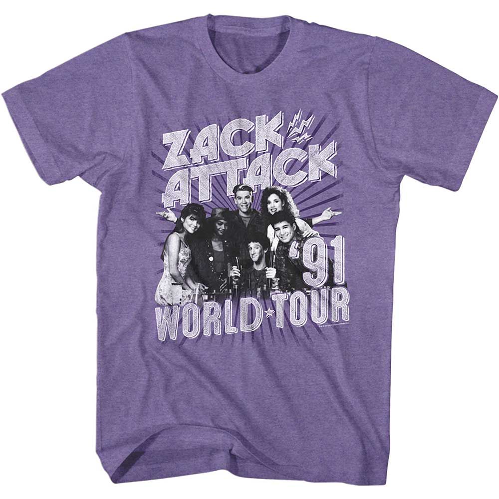 Purple Heather Saved by the Bell t-shirt featuring a Zack Attack 91 Tour design