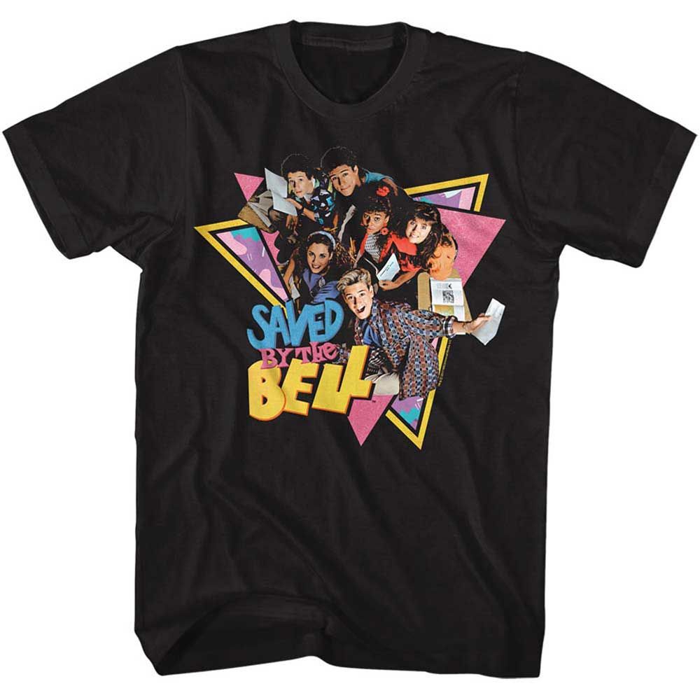 Black Saved by the Bell t-shirt featuring a Saved by the Bell Group Triangles design