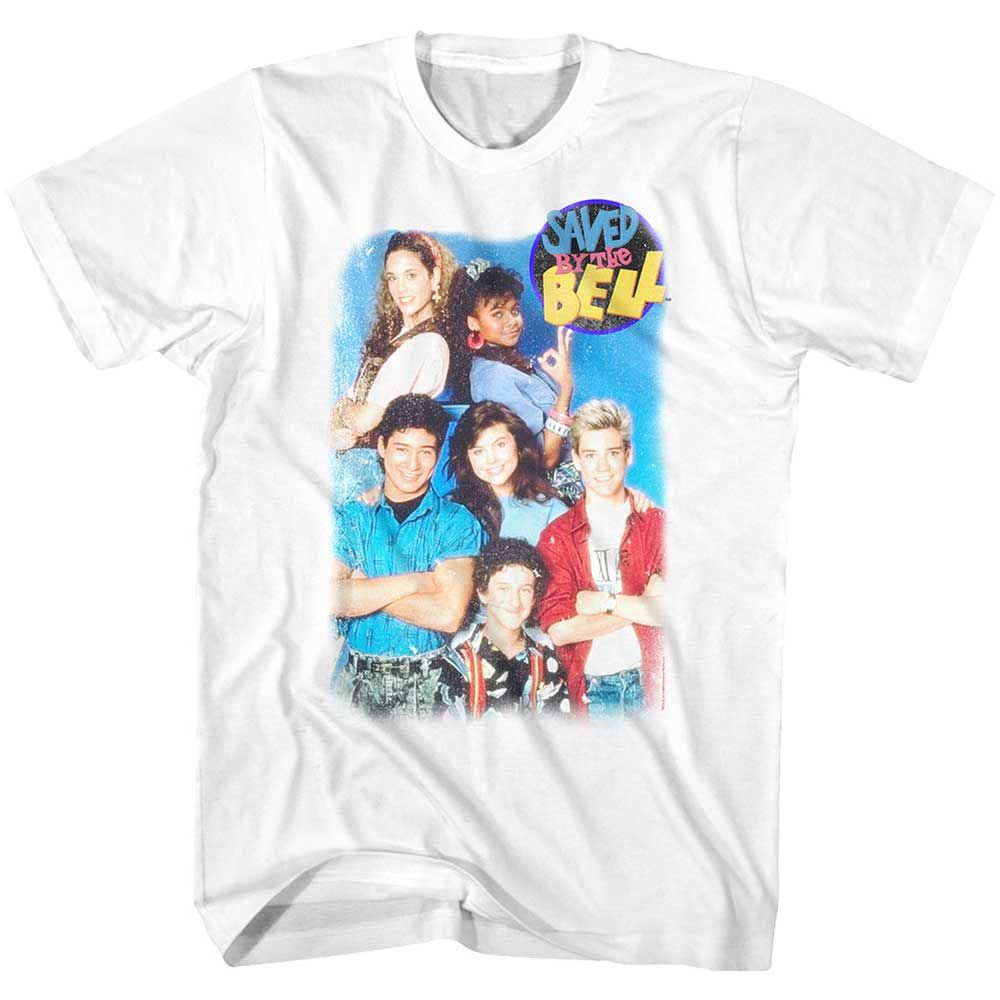 White Saved by the Bell t-shirt featuring a Saved by the Bell Group Shot design