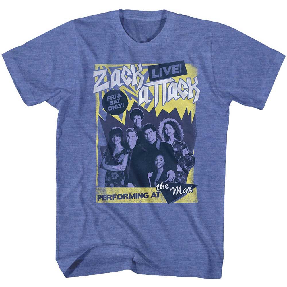 Royal Heather Saved by the Bell t-shirt featuring a Zack Attack Live design