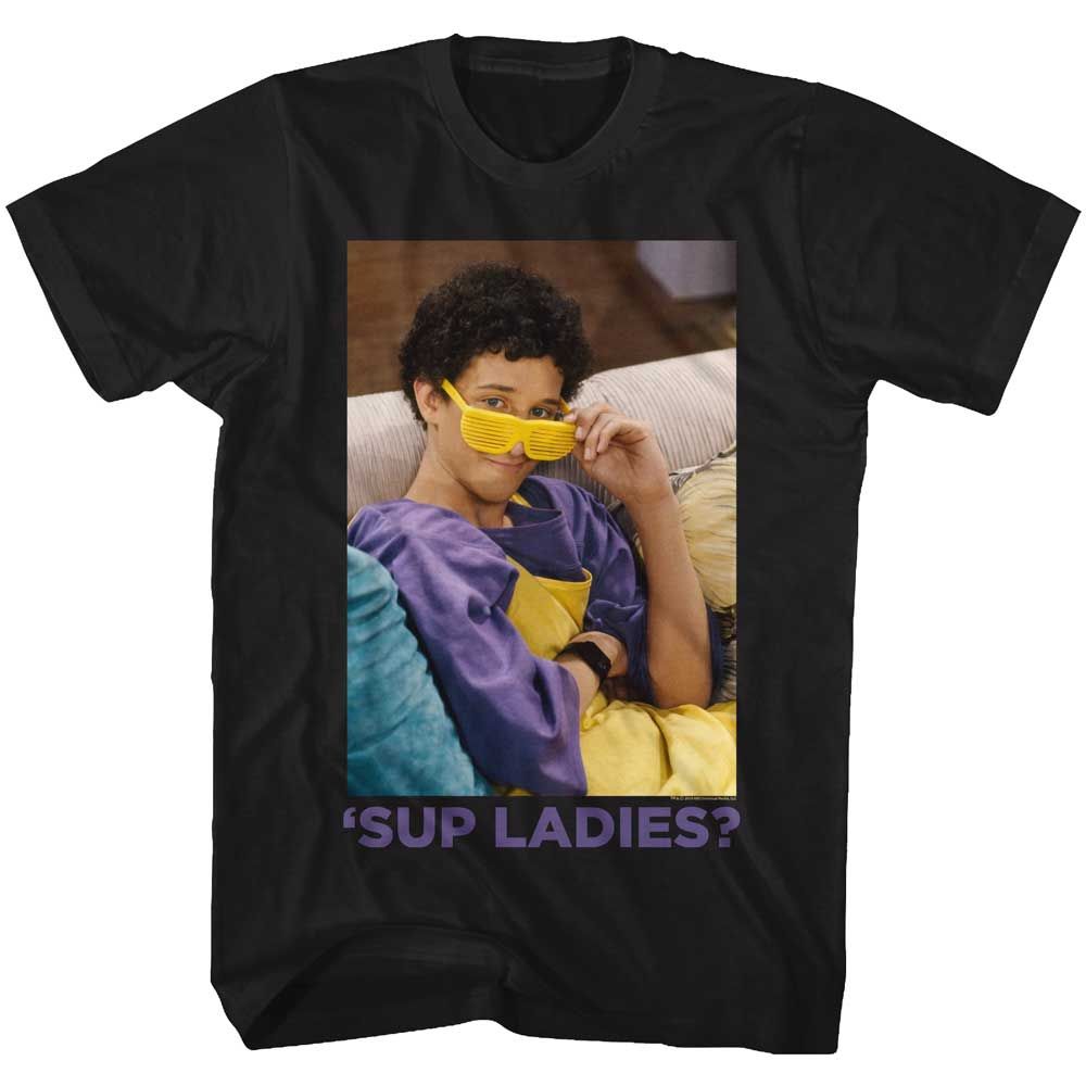 Black Saved by the Bell t-shirt featuring a Saved by the Bell Sup Ladies design
