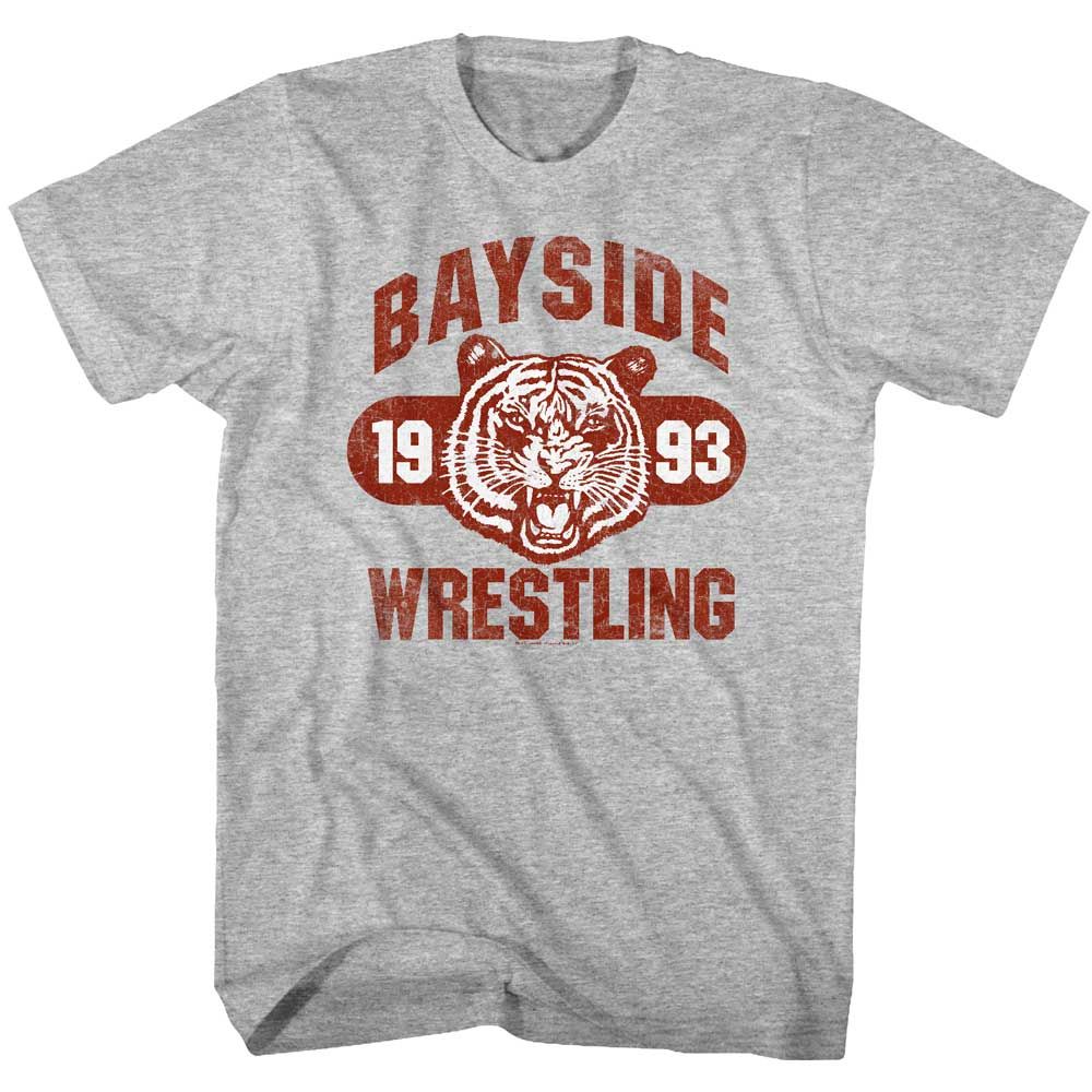 Gray Heather Saved by the Bell t-shirt featuring a Bayside Wrestling design