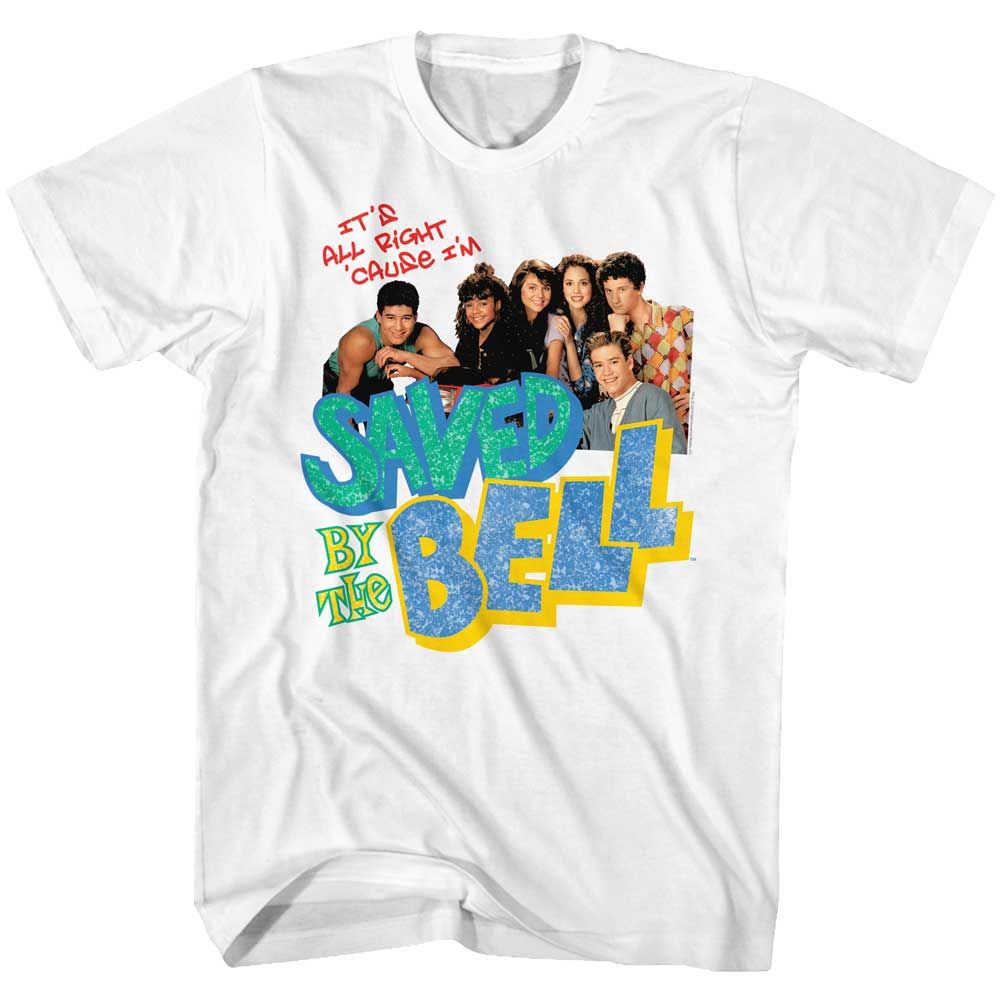 White Saved by the Bell t-shirt featuring a Saved by the Bell Tacky Collage design