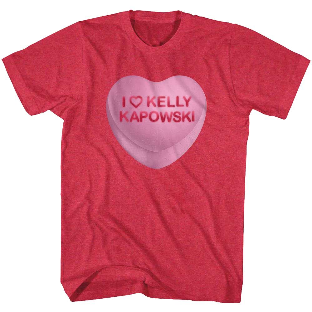Red Heather Saved by the Bell t-shirt featuring a Kelly candy heart design