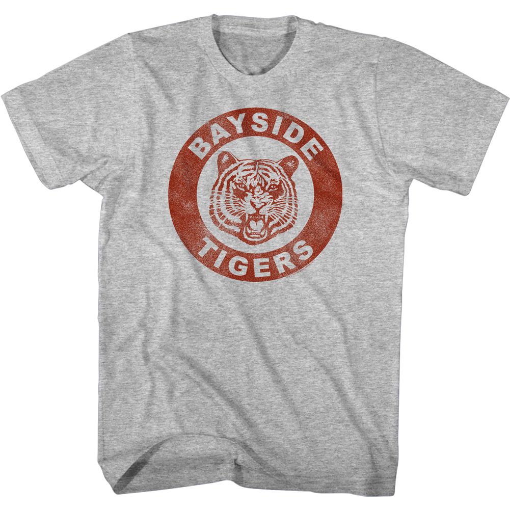 Gray Heather Saved by the Bell t-shirt featuring a distressed Bayside crest design