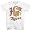 White Saved by the Bell t-shirt featuring a 90s Bayside colors design