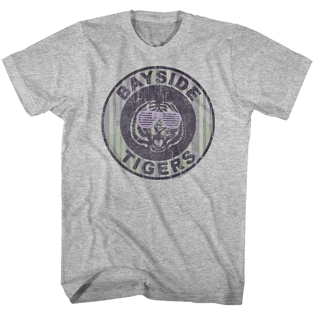 Gray Heather Saved by the Bell t-shirt featuring a pinstripe Bayside design