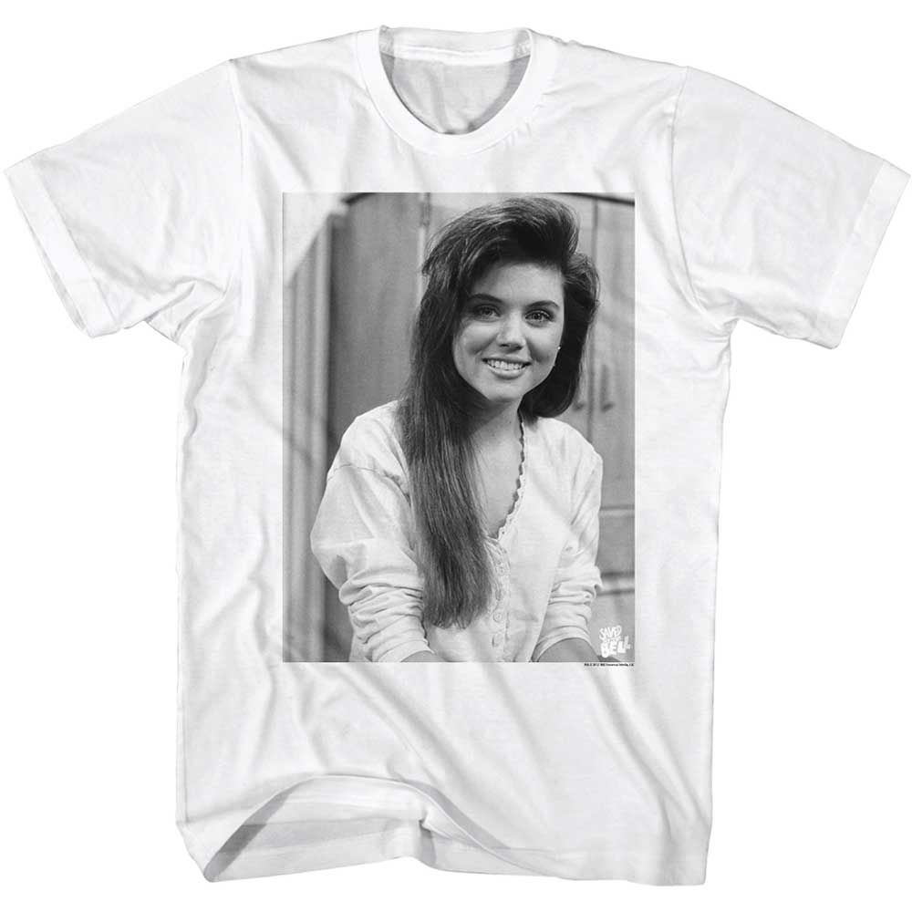 White Saved by the Bell t-shirt featuring a Kelly Kapow design