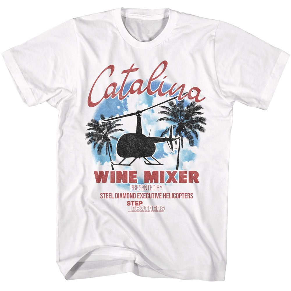 White Step Brothers t-shirt featuring a Catalina Wine Mixer design