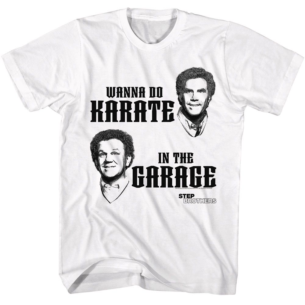 White Step Brothers t-shirt featuring a Step Brothers Step Brothers Wanna Do Karate design