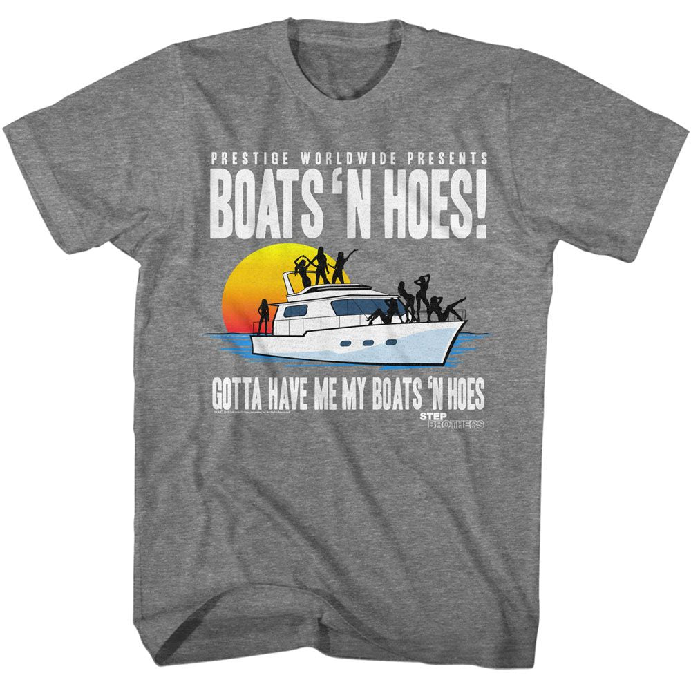 Graphite Heather Step Brothers t-shirt featuring a Step Brothers Step Brothers Boat with Saucy Gals design