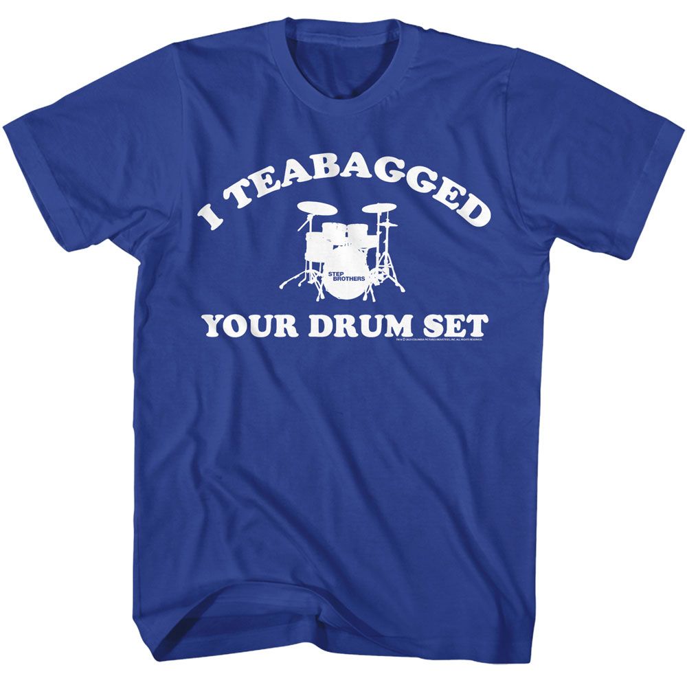 Royal Blue Step Brothers t-shirt featuring a Step Brothers Step Brothers Teabagged Drum Set design