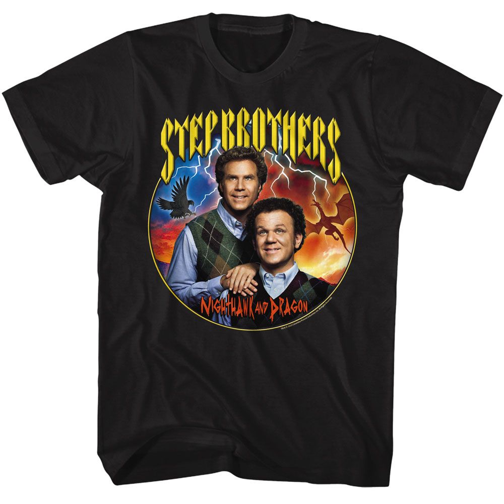 Black Step Brothers t-shirt featuring a Step Brothers Step Brothers Nighthawk and Dragon design