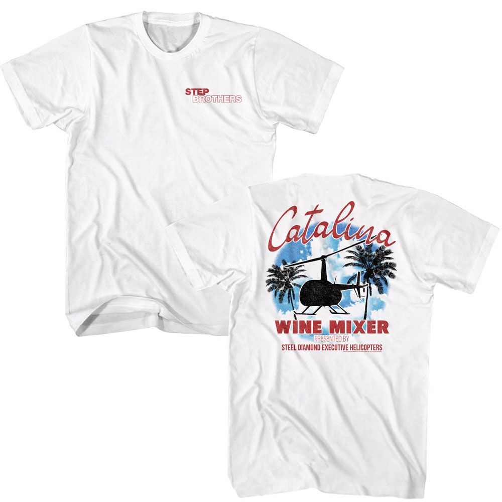 White Step Brothers t-shirt featuring a Step Brothers Step Brothers Catalina Wine Mixer Front Back design